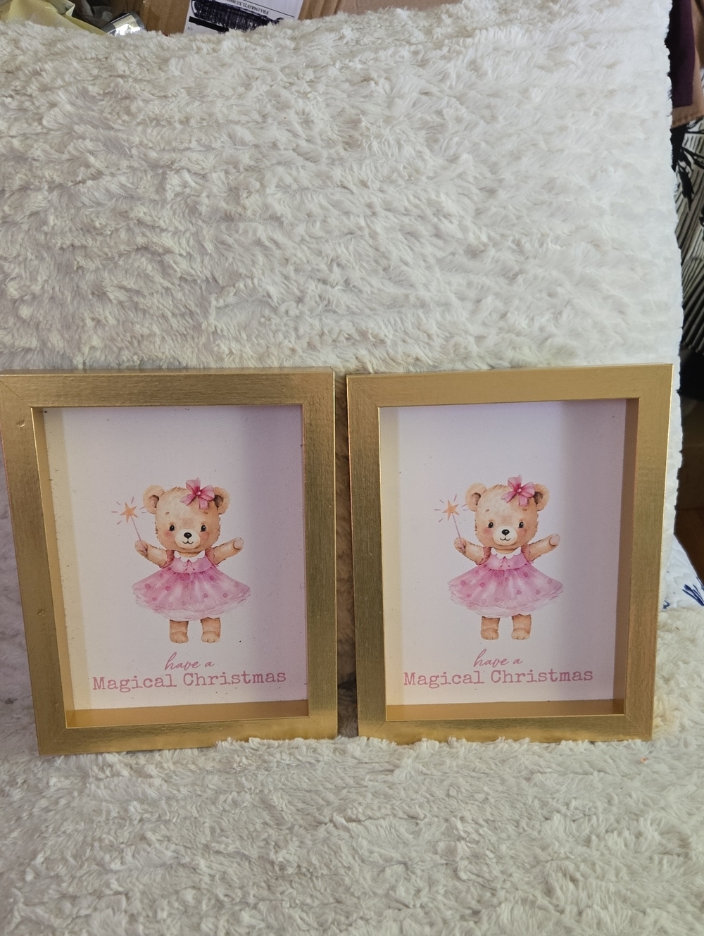 Gold Frame Pink Bear "Have a Magical Christmas" Wall Art - Set of 2